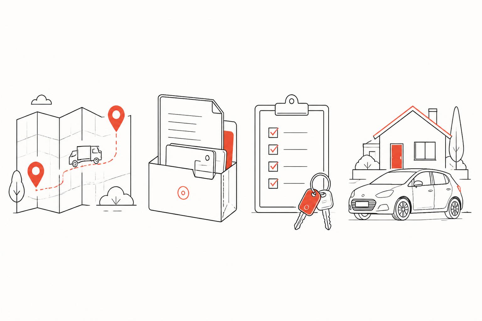 Line drawings of a route map, document folder, checklist, keys, car, and home